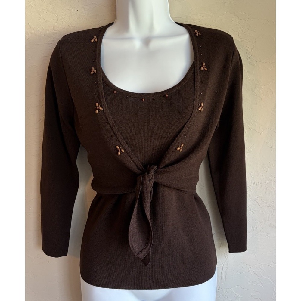 Vintage 90s Y2K Twinset Brown Beaded Cardigan Top 8 Fairy Grunge Whimsigoth Tie